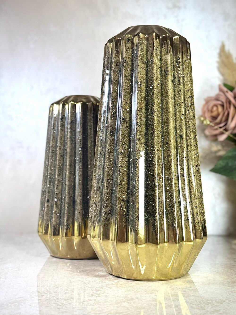 Ensemble de 2 Vases Coniques Marron et Doré à Motif Moucheté