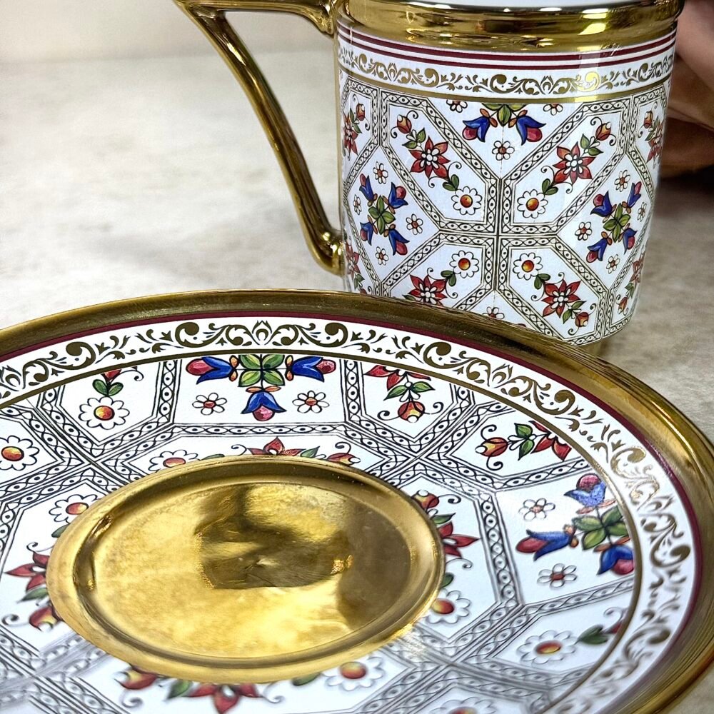 Ensemble de 6 Tasses et Sous-Tasses Antiques – Blanc avec Motif Roses
