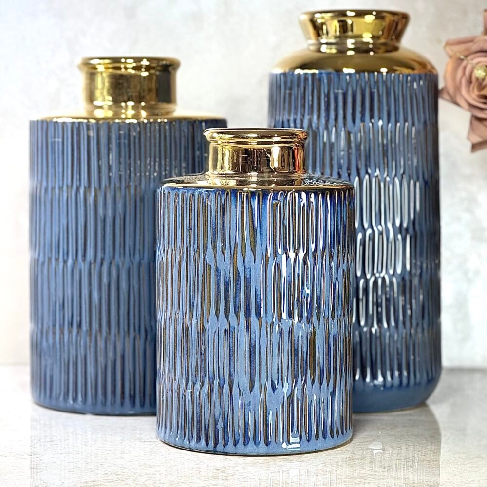 Ensemble de 3 Vases Cylindriques Élégants – Bleu et Doré