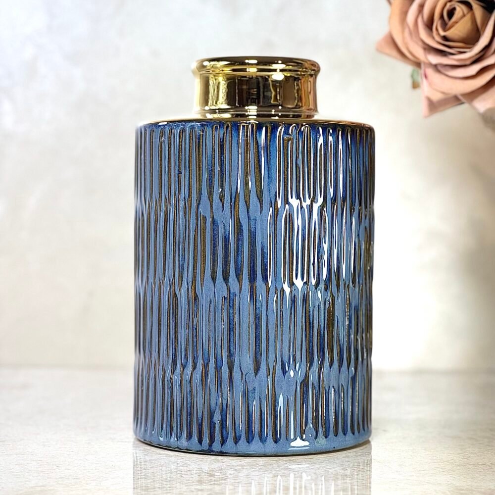 Ensemble de 3 Vases Cylindriques Élégants – Bleu et Doré