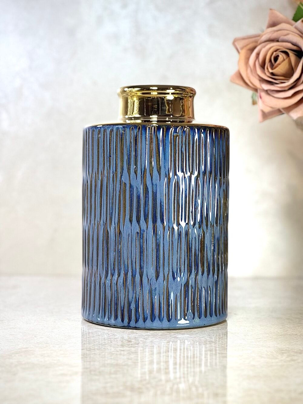 Ensemble de 3 Vases Cylindriques Élégants – Bleu et Doré