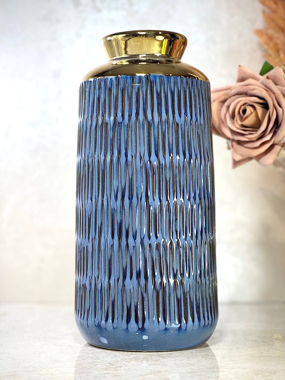 Ensemble de 3 Vases Cylindriques Élégants – Bleu et Doré