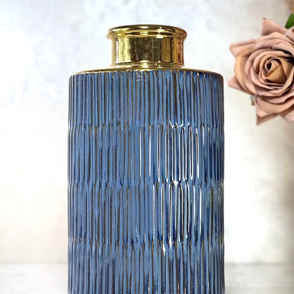 Ensemble de 3 Vases Cylindriques Élégants – Bleu et Doré