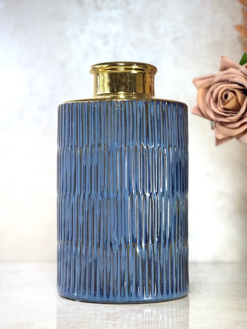 Ensemble de 3 Vases Cylindriques Élégants – Bleu et Doré