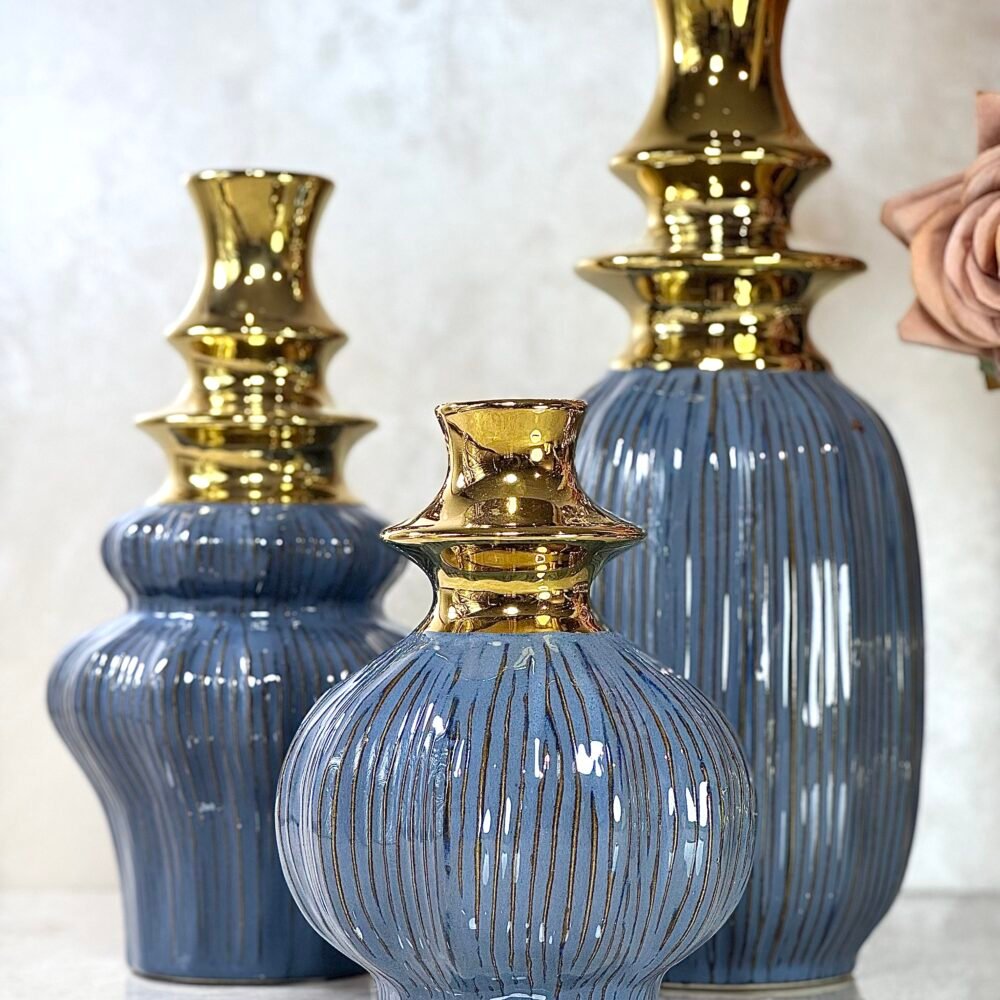 Ensemble de 3 Vases Bouteille Ondulés – Bleu et Doré, Élégance Moderne