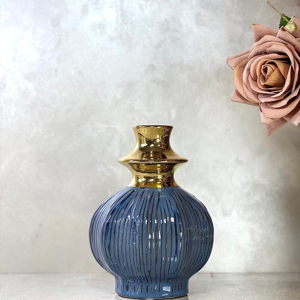 Ensemble de 3 Vases Bouteille Ondulés – Bleu et Doré, Élégance Moderne