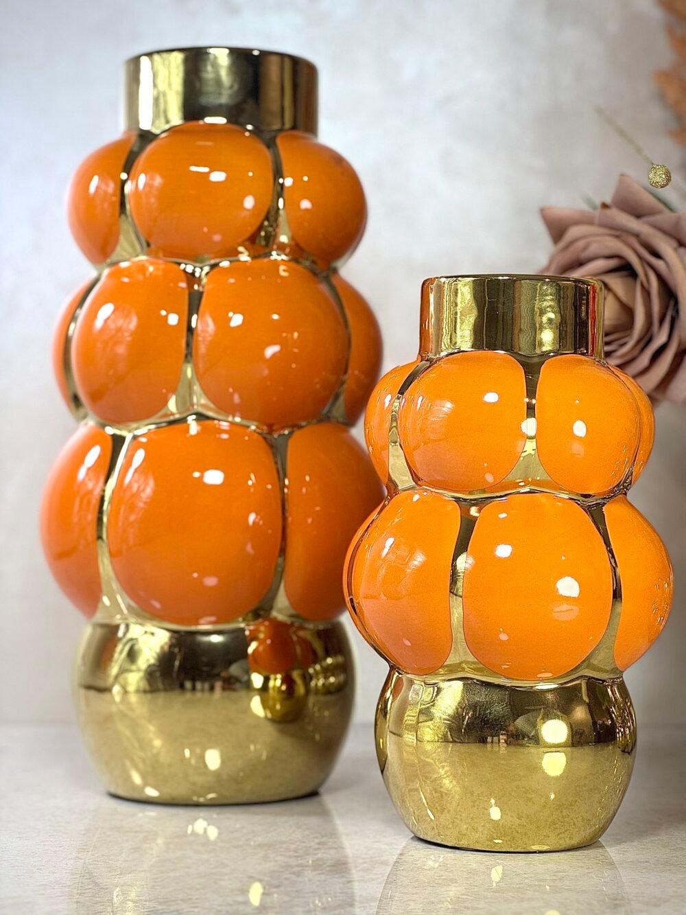 Vase Décoratif Bulle en Verre – Design Moderne Orange et Doré, 2 Tailles pour Salon ou Intérieur Élégant
