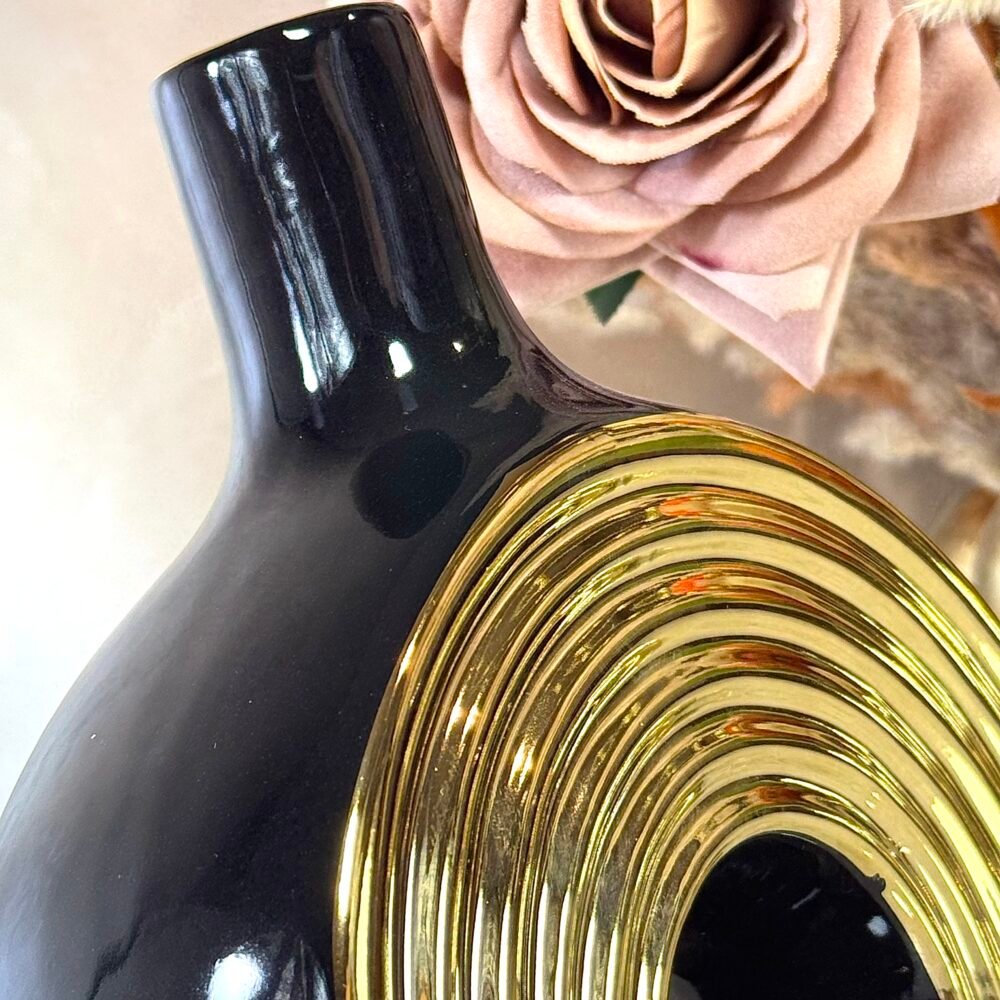 Vase Rond Élégant Noir et Doré avec Trou Central – Design Moderne et Raffiné pour Décoration Intérieure