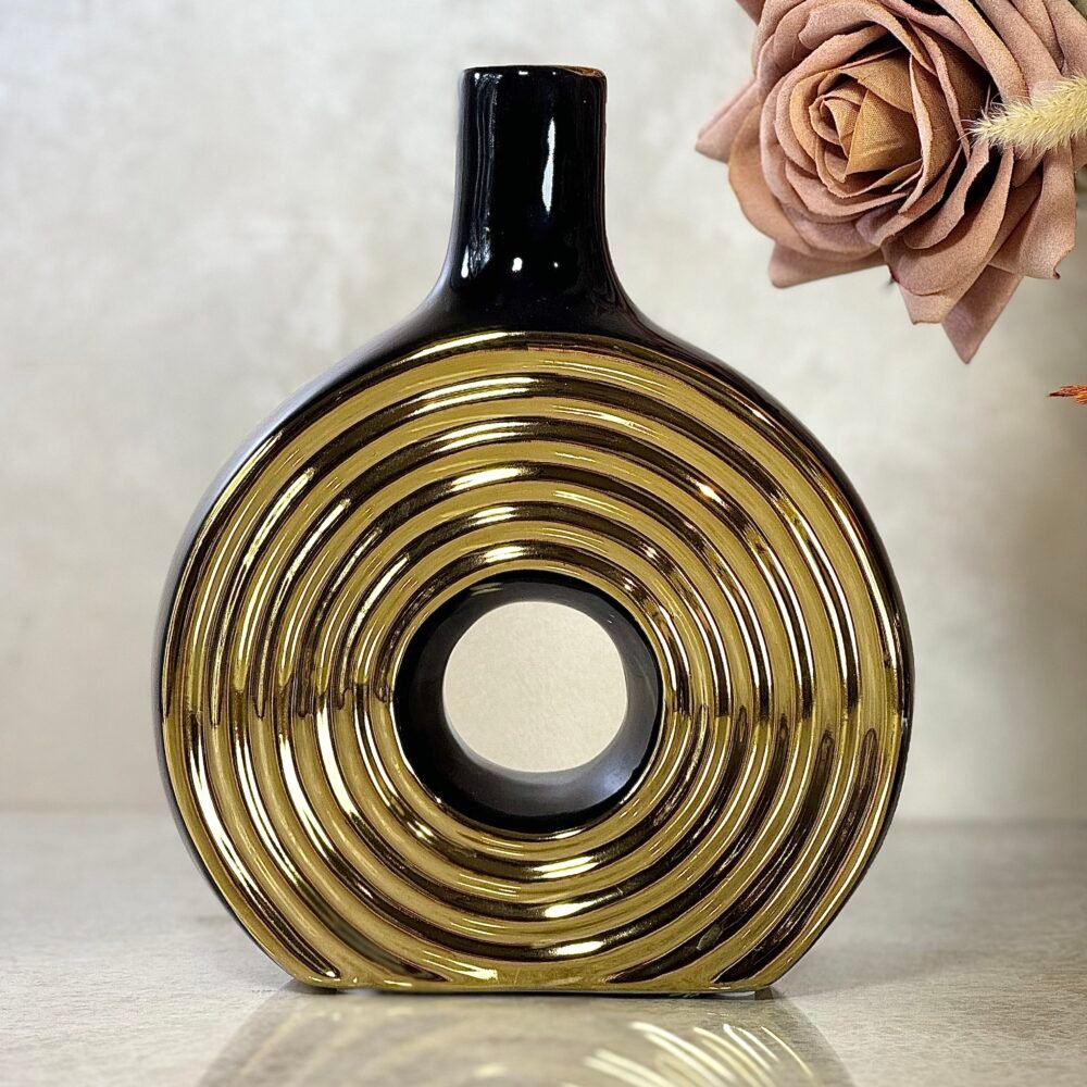 Vase Rond Élégant Noir et Doré avec Trou Central – Design Moderne et Raffiné pour Décoration Intérieure