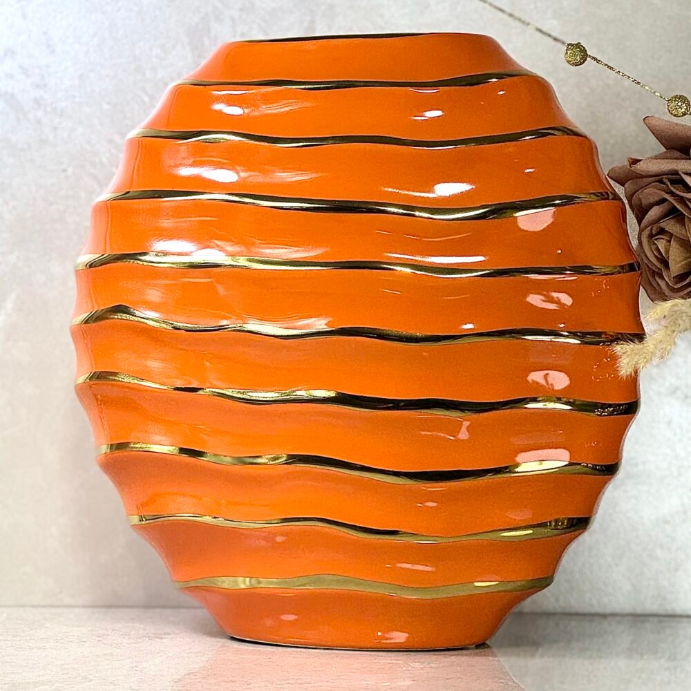 Ensemble de 2 Vases Ronds Orange et Dorés en Forme de Galet – Design Moderne Élégant