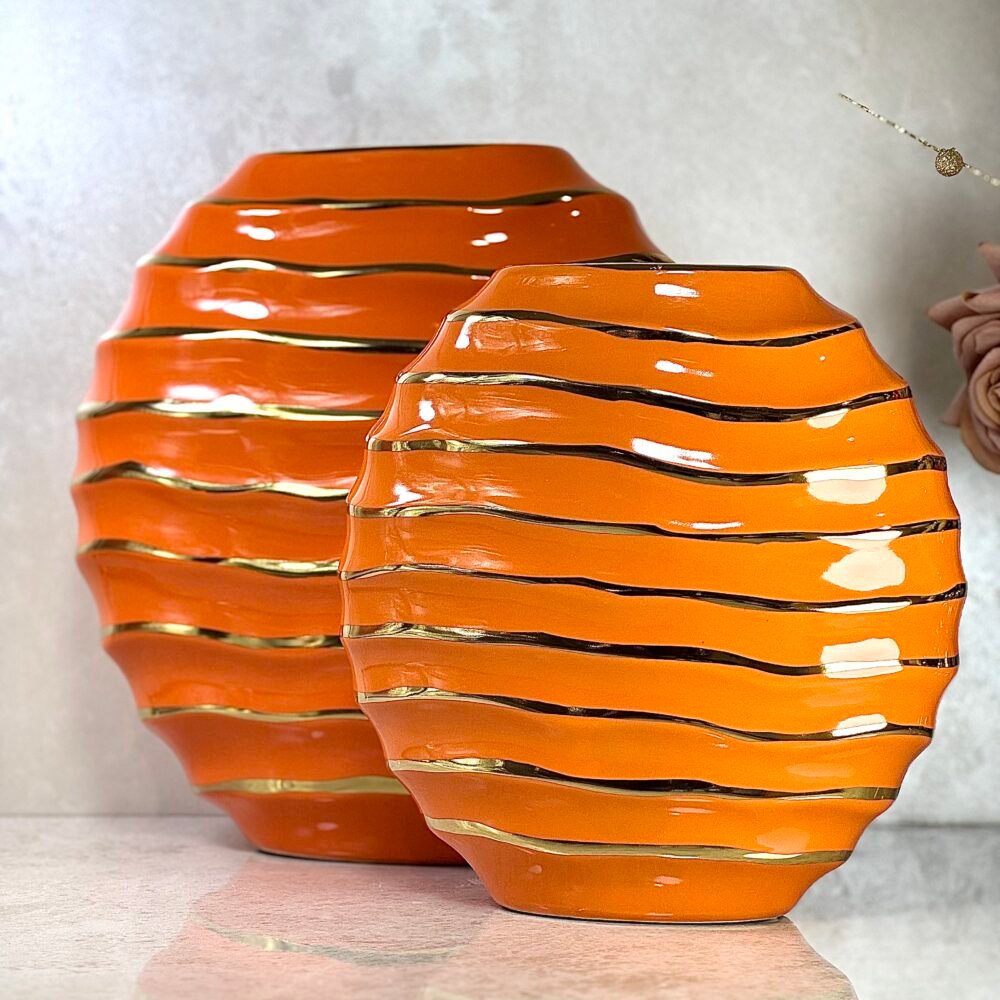 Ensemble de 2 Vases Ronds Orange et Dorés en Forme de Galet – Design Moderne Élégant