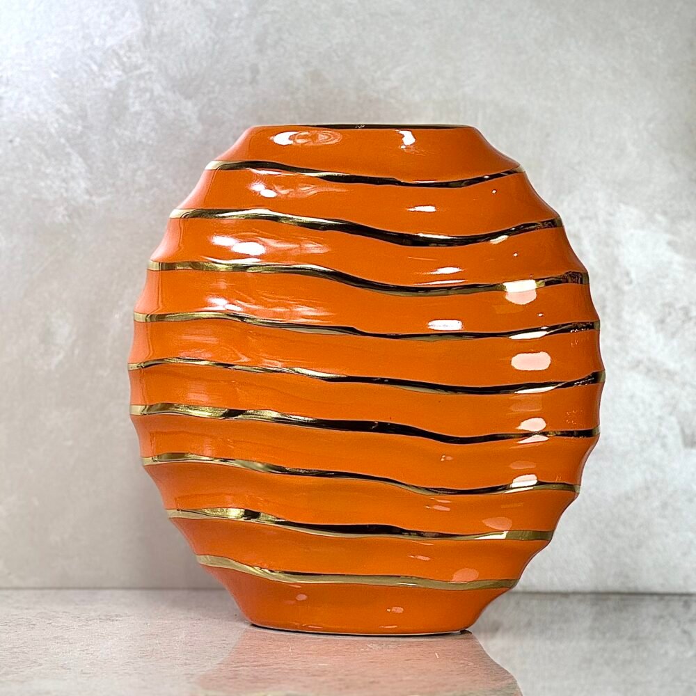 Ensemble de 2 Vases Ronds Orange et Dorés en Forme de Galet – Design Moderne Élégant