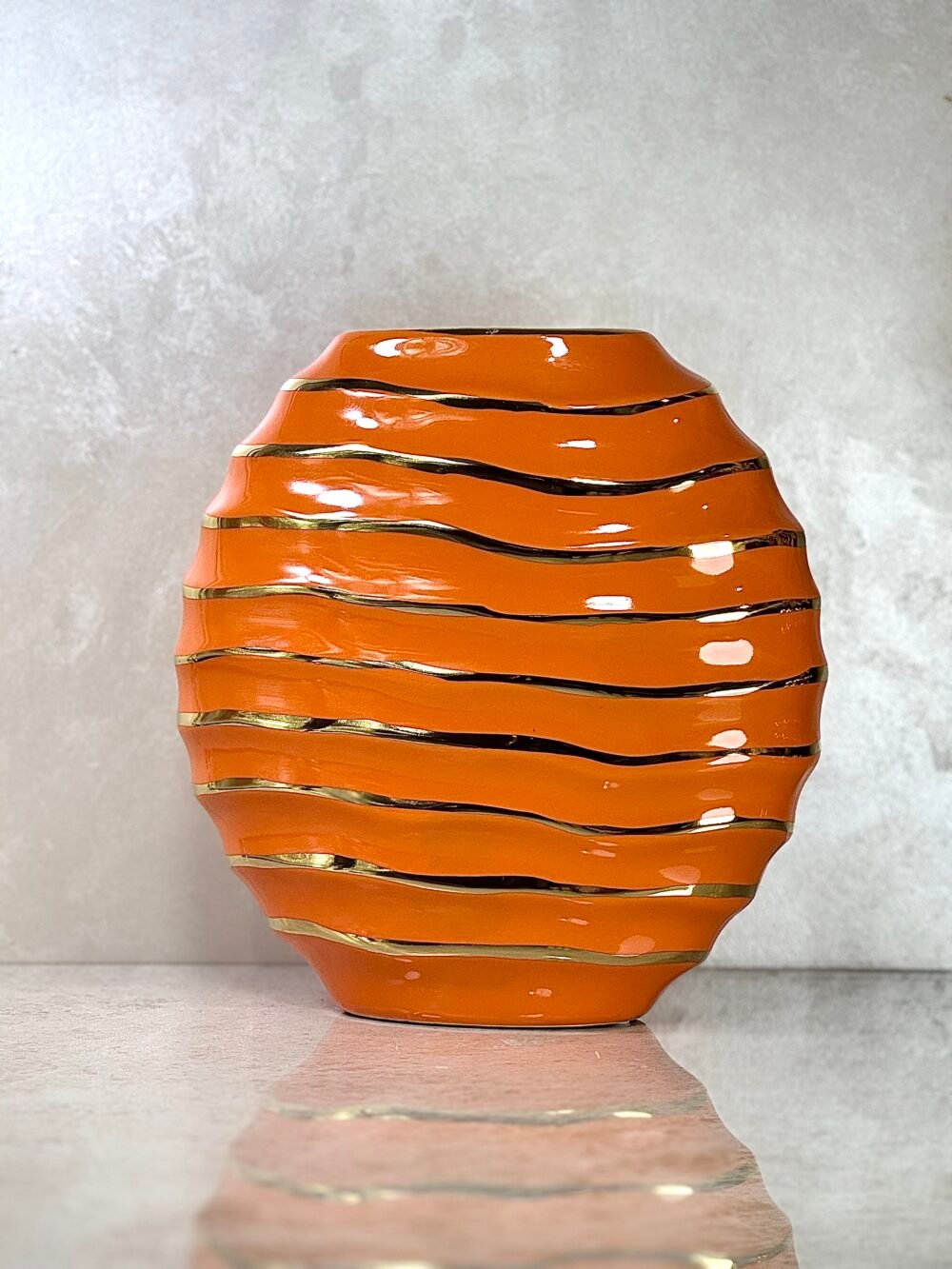 Ensemble de 2 Vases Ronds Orange et Dorés en Forme de Galet – Design Moderne Élégant