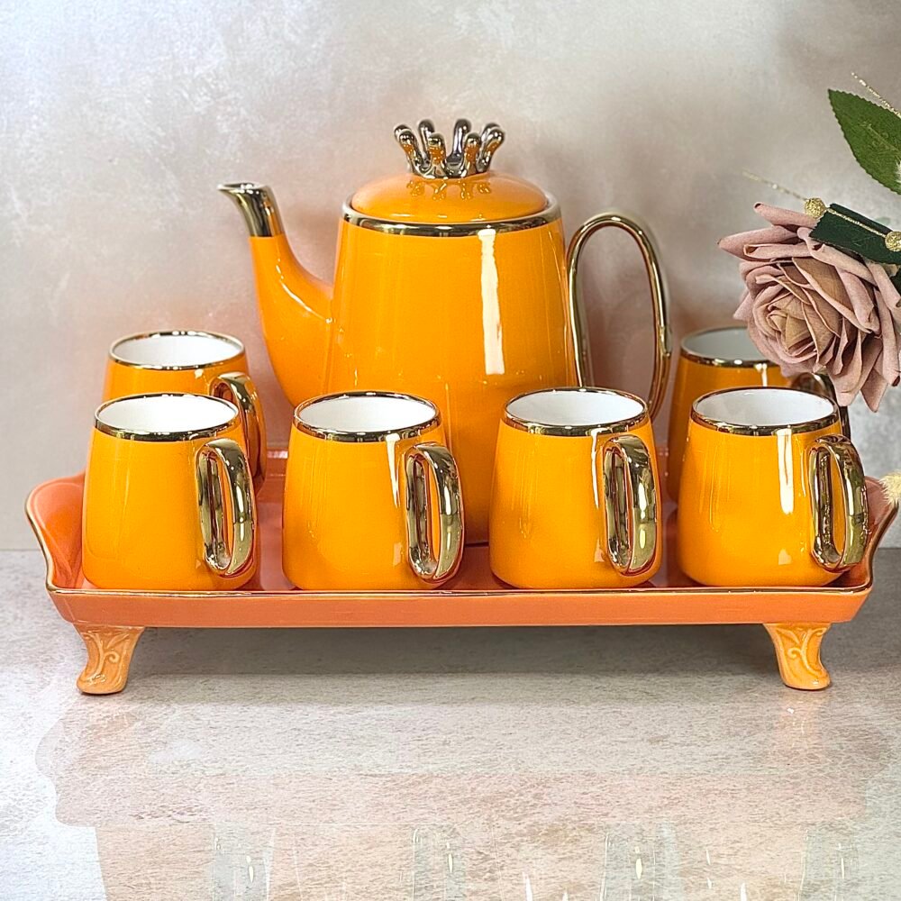 Ensemble Céramique Orange avec Théière, Plateau et 6 Tasses – Accents Dorés, Élégance et Luxe pour Café ou Thé