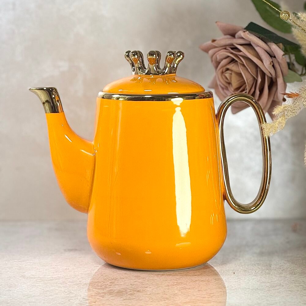 Ensemble Céramique Orange avec Théière, Plateau et 6 Tasses – Accents Dorés, Élégance et Luxe pour Café ou Thé