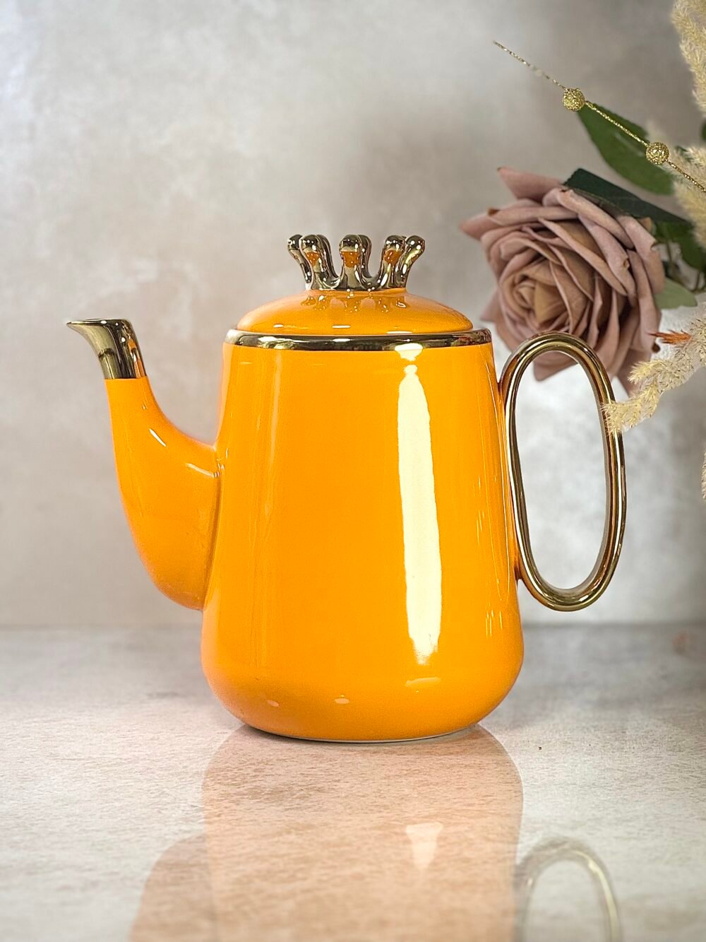 Ensemble Céramique Orange avec Théière, Plateau et 6 Tasses – Accents Dorés, Élégance et Luxe pour Café ou Thé