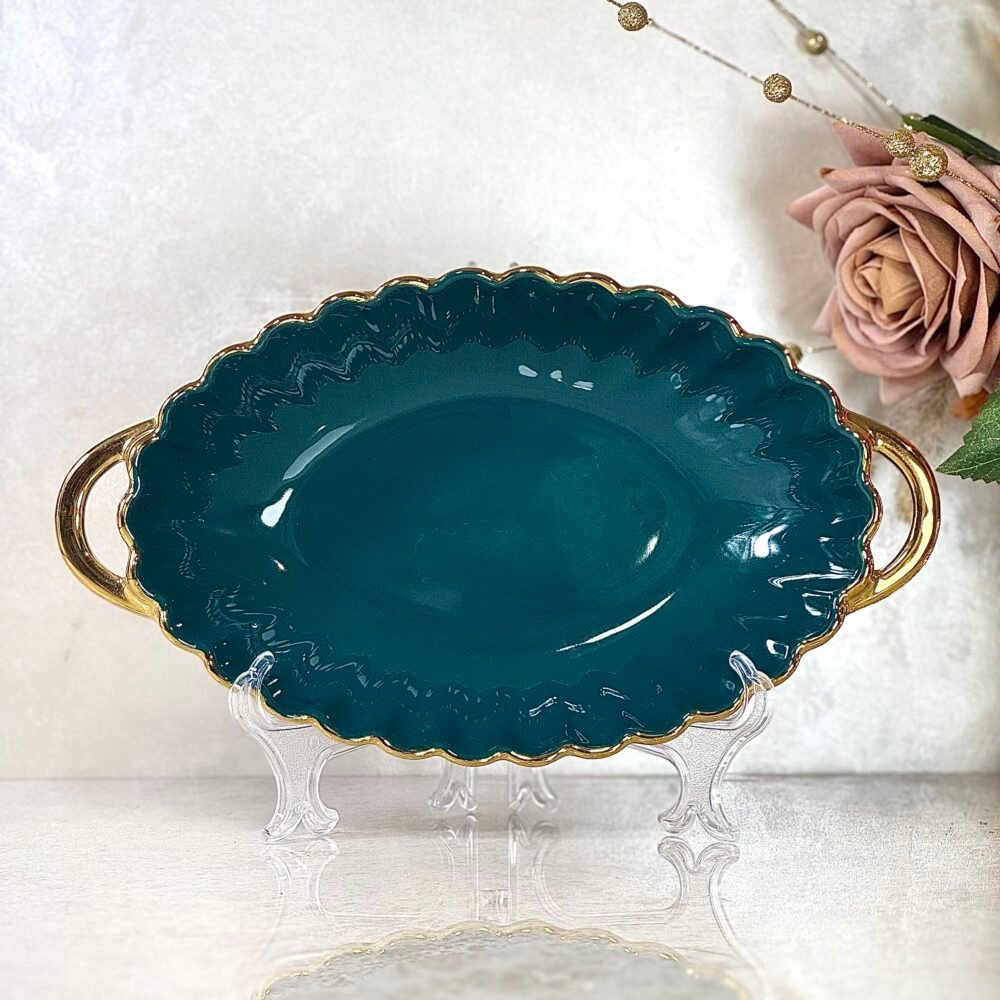 IMG_1903 Bol Ovale de Présentation Vert avec Motifs Dorés et Poignées Élégantes