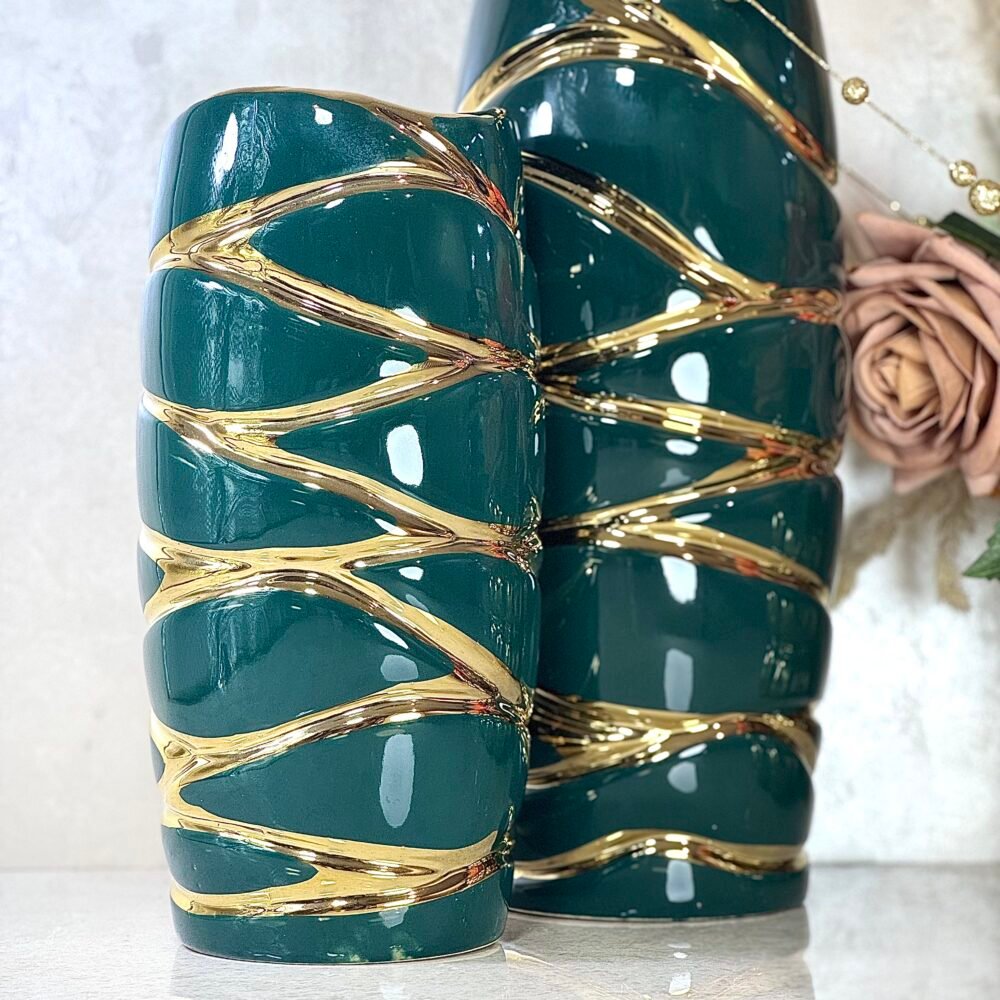 Ensemble de 2 Vases Cylindriques Verts et Dorés avec Motif de Rivières – Design Élégant et Naturel