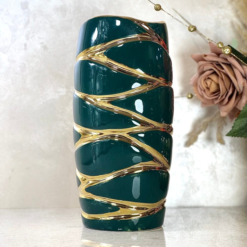 Ensemble de 2 Vases Cylindriques Verts et Dorés avec Motif de Rivières – Design Élégant et Naturel