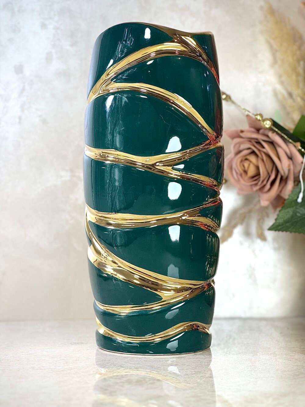 Ensemble de 2 Vases Cylindriques Verts et Dorés avec Motif de Rivières – Design Élégant et Naturel