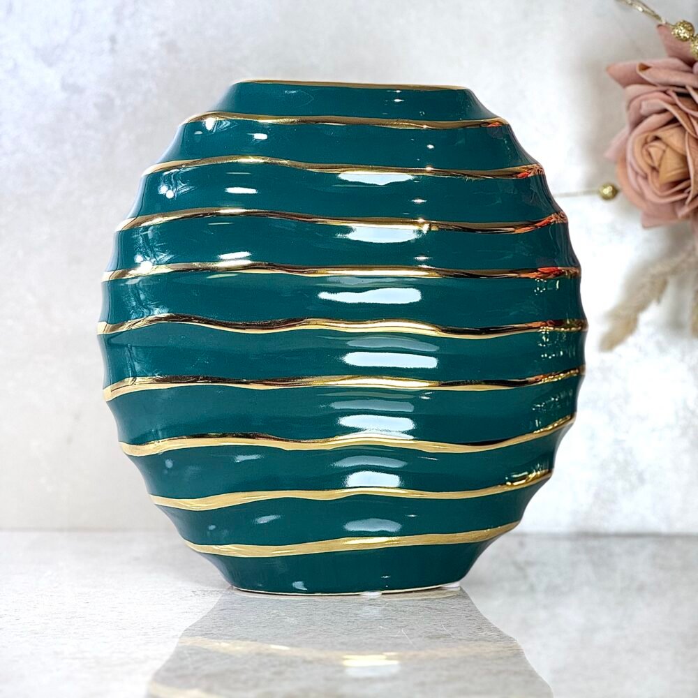Ensemble de 2 Vases Ronds Forme Galet Vert et Doré – Design Élégant et Apaisant