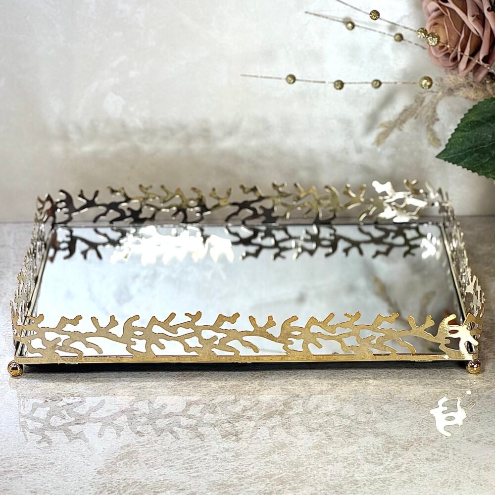 Plateau Miroir Doré avec Décor Branches d’Arbre – Élégance Naturelle et Raffinée