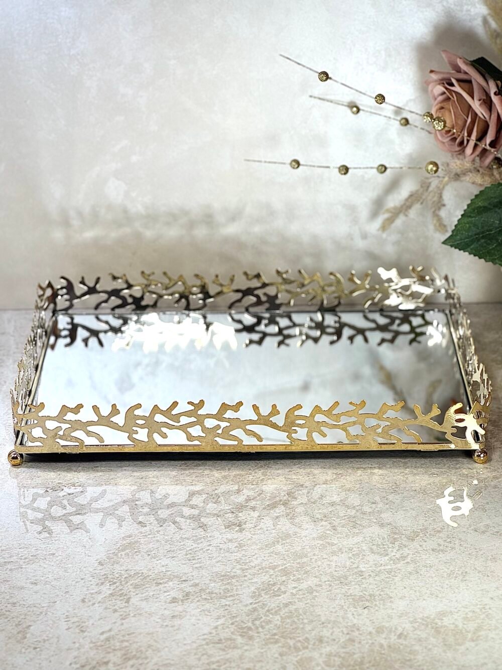Plateau Miroir Doré avec Décor Branches d’Arbre – Élégance Naturelle et Raffinée