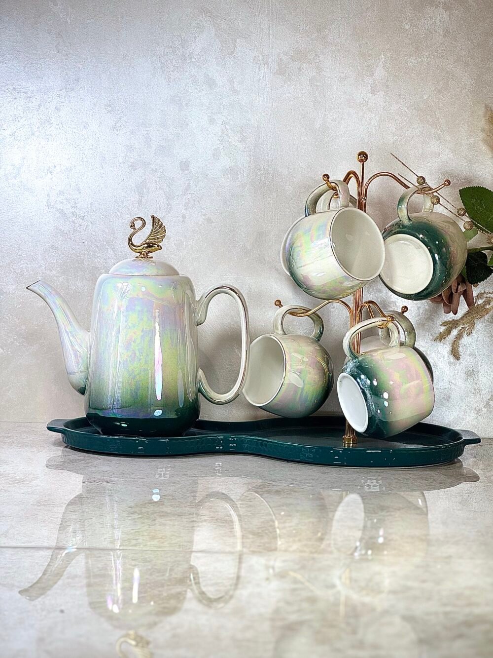 Ensemble Café Élégant Vert et Blanc avec Effet Nacré – 6 Tasses, Cafetière et Plateau Personnalisé