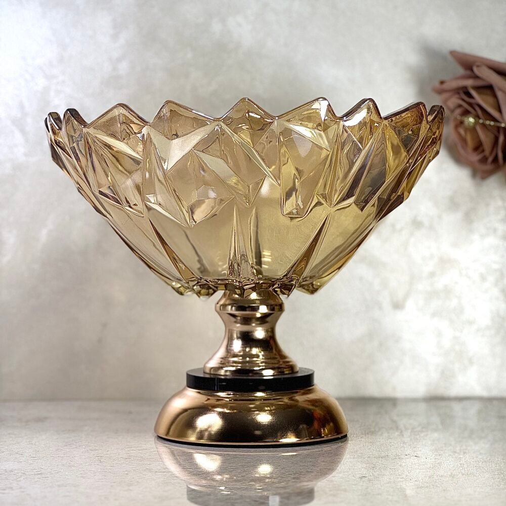 Bol Texturé en Verre Ambré avec Support Noir et Doré – Charme Luxueux et Présentation Distinctive