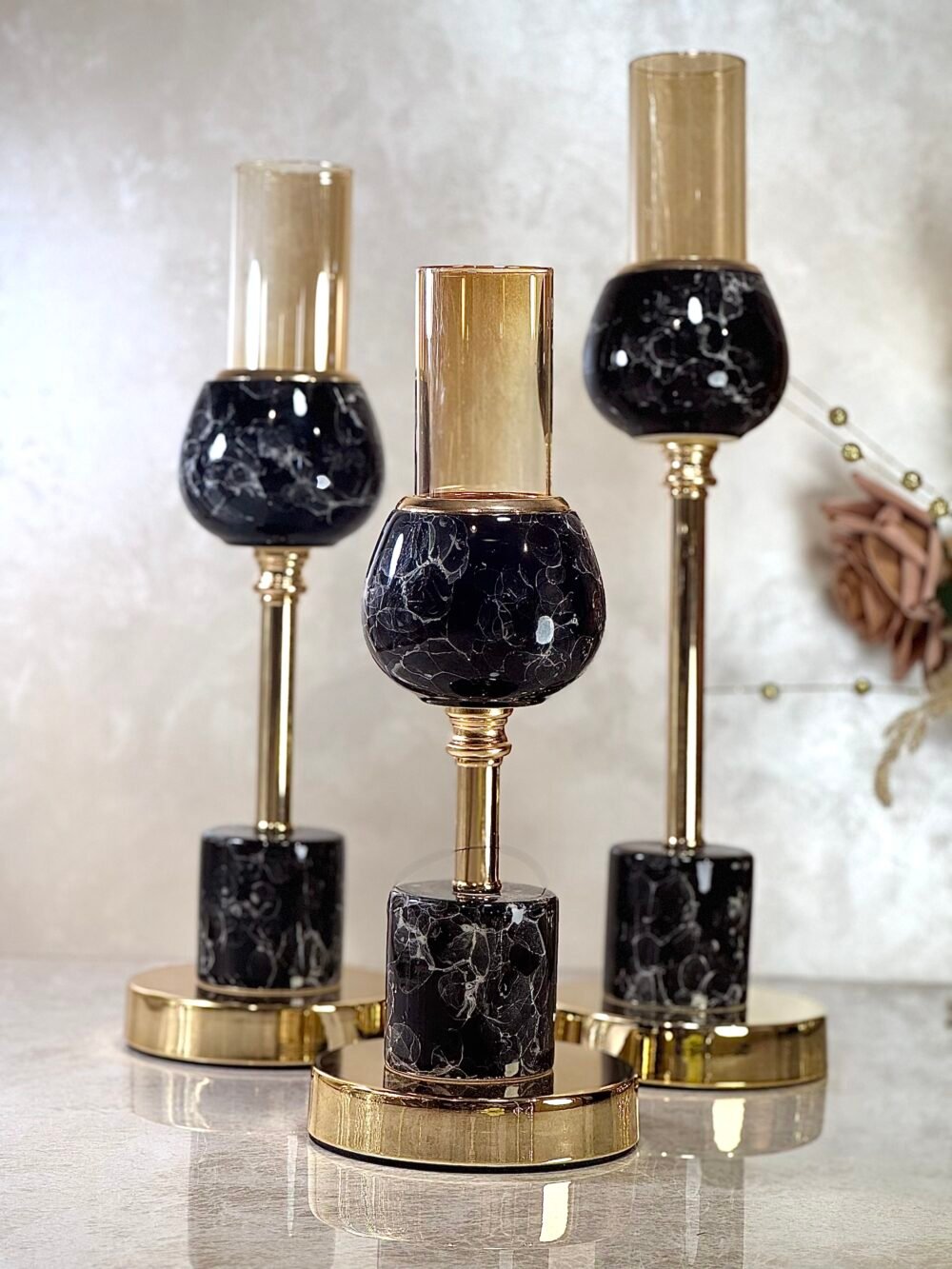 Ensemble de 3 Bougeoirs Élégants Noir et Doré – Harmonie Chic et Design Contemporain