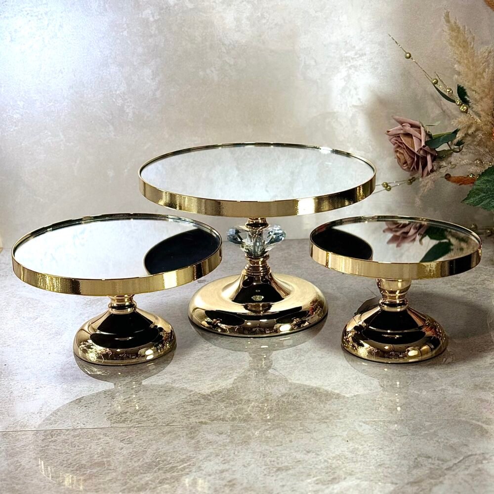 Ensemble de 3 Présentoirs Miroir Surélevés – Design Doré avec Décor Diamant, Élégance pour Décoration de Table