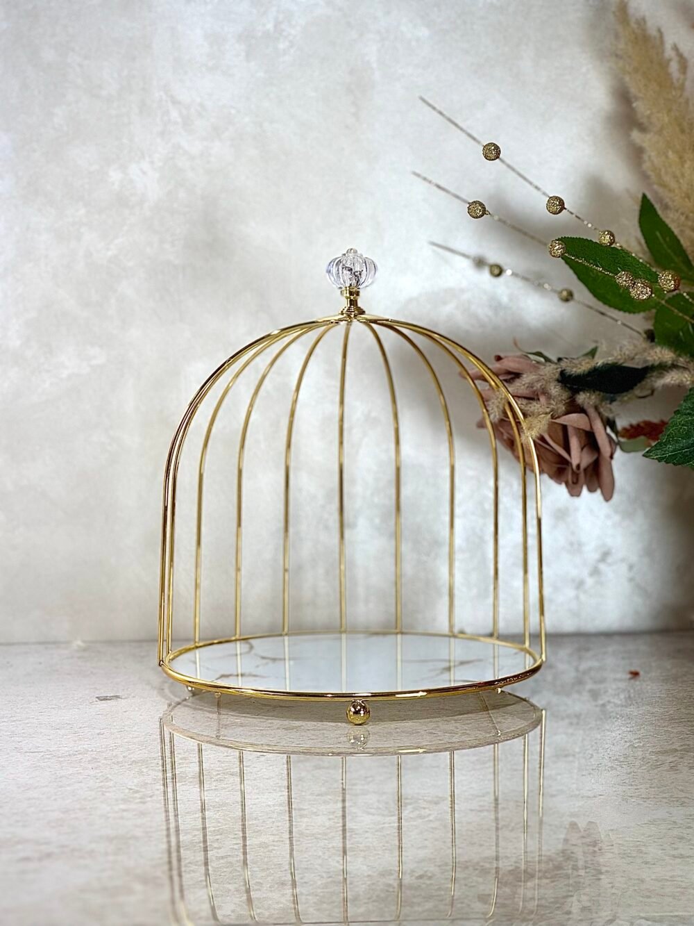 Présentoir Cage à Oiseau 1 Niveau – Métal Doré et Verre Effet Marbre, Élégance Décorative et Fonctionnelle