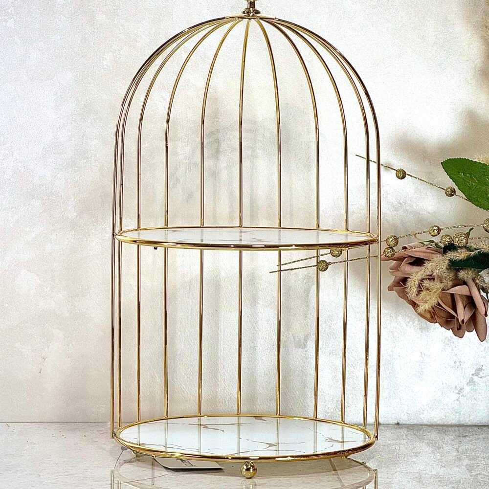 Présentoir Cage à Oiseau 2 Niveaux – Métal Doré et Verre Effet Marbre, Design Raffiné et Présentation Élégante