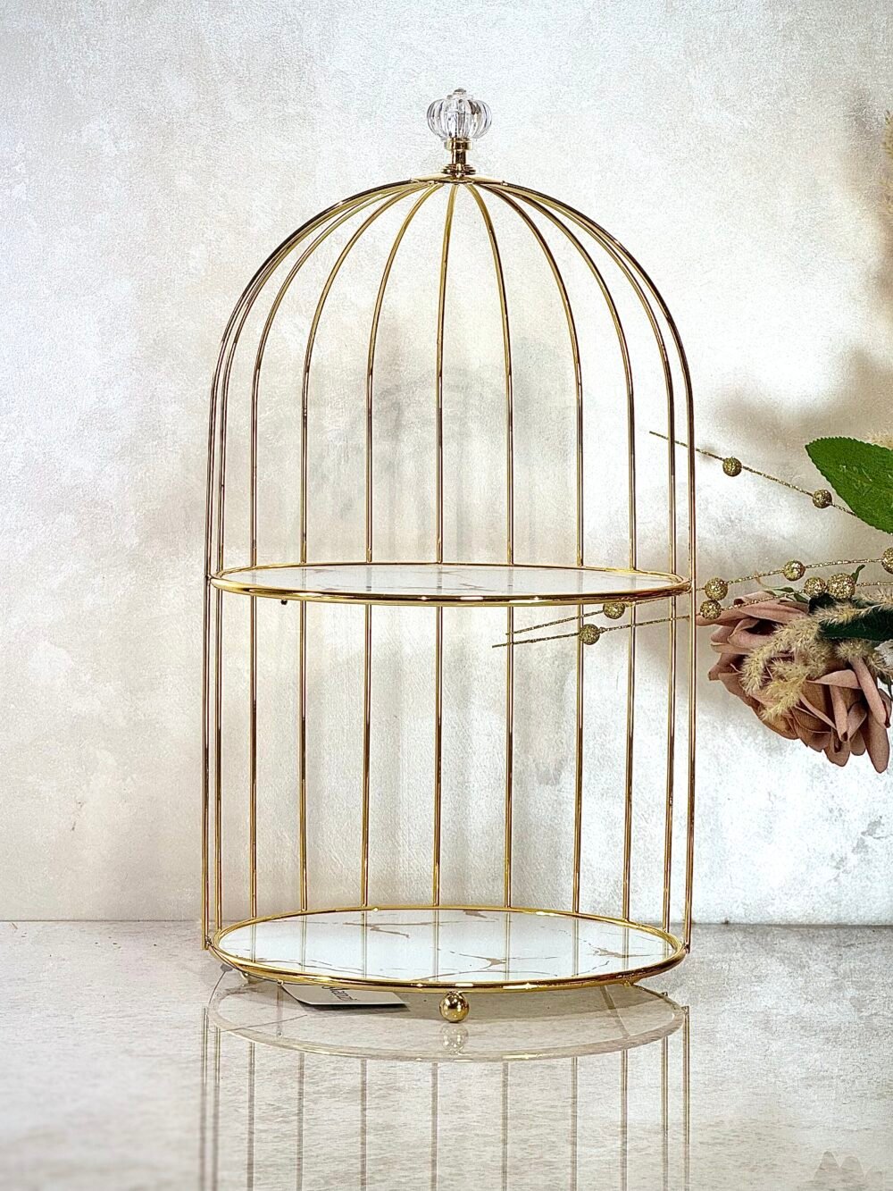 Présentoir Cage à Oiseau 2 Niveaux – Métal Doré et Verre Effet Marbre, Design Raffiné et Présentation Élégante