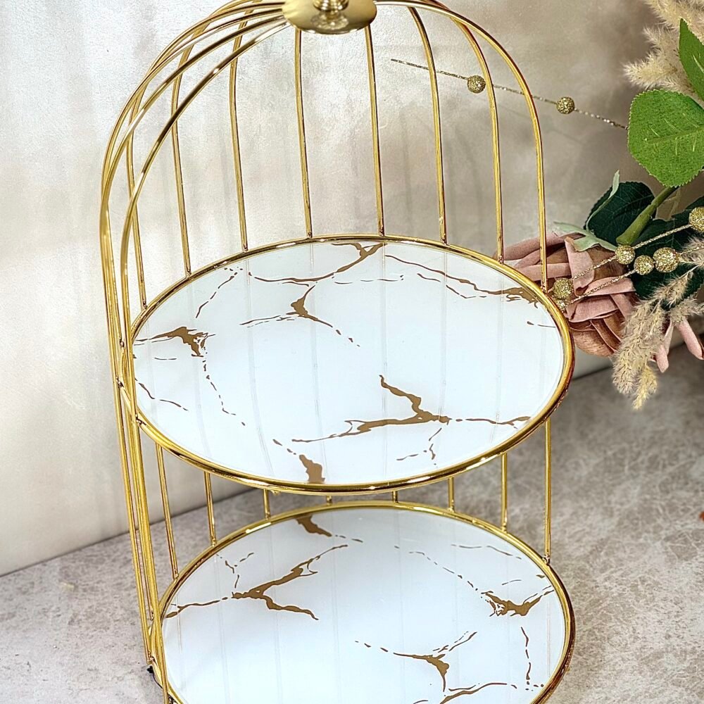 Présentoir Cage à Oiseau 2 Niveaux – Métal Doré et Verre Effet Marbre, Design Raffiné et Présentation Élégante