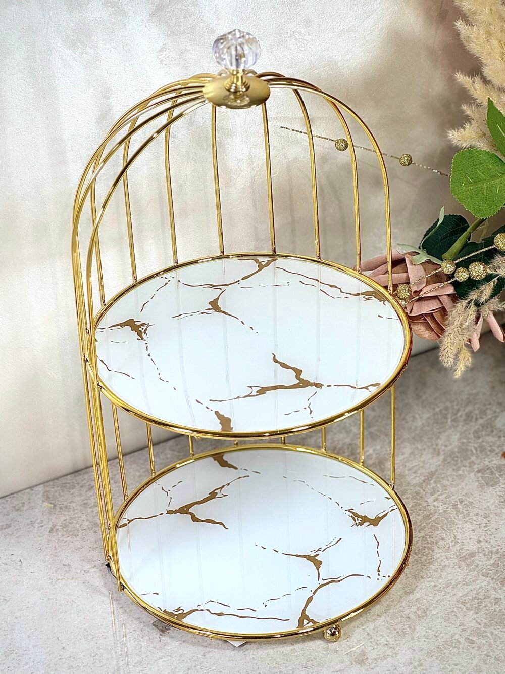 Présentoir Cage à Oiseau 2 Niveaux – Métal Doré et Verre Effet Marbre, Design Raffiné et Présentation Élégante