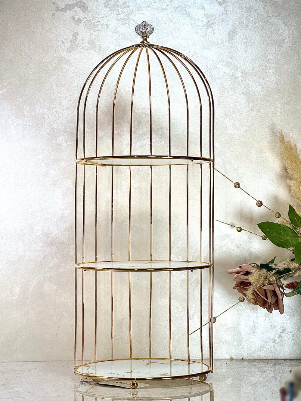 Présentoir Cage à Oiseau 3 Niveaux – Métal Doré et Verre Effet Marbre, Présentation Verticale Élégante et Moderne