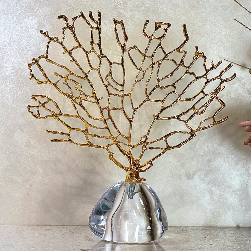 Décoration Arbre Doré avec Base Transparente – Élégance Moderne et Design Raffiné pour Intérieur