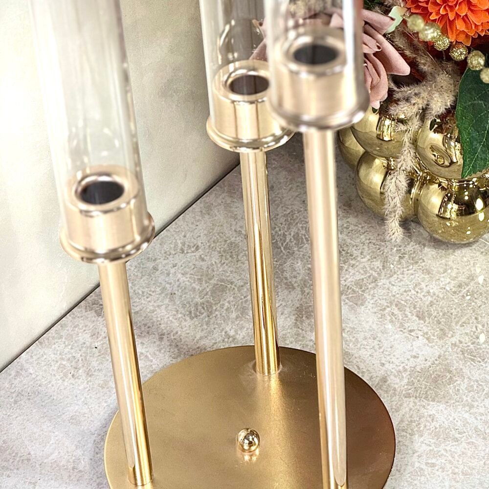 Bougeoir à 3 Bougies en Métal Doré – Design Élégant et Haut pour Décoration Raffinée
