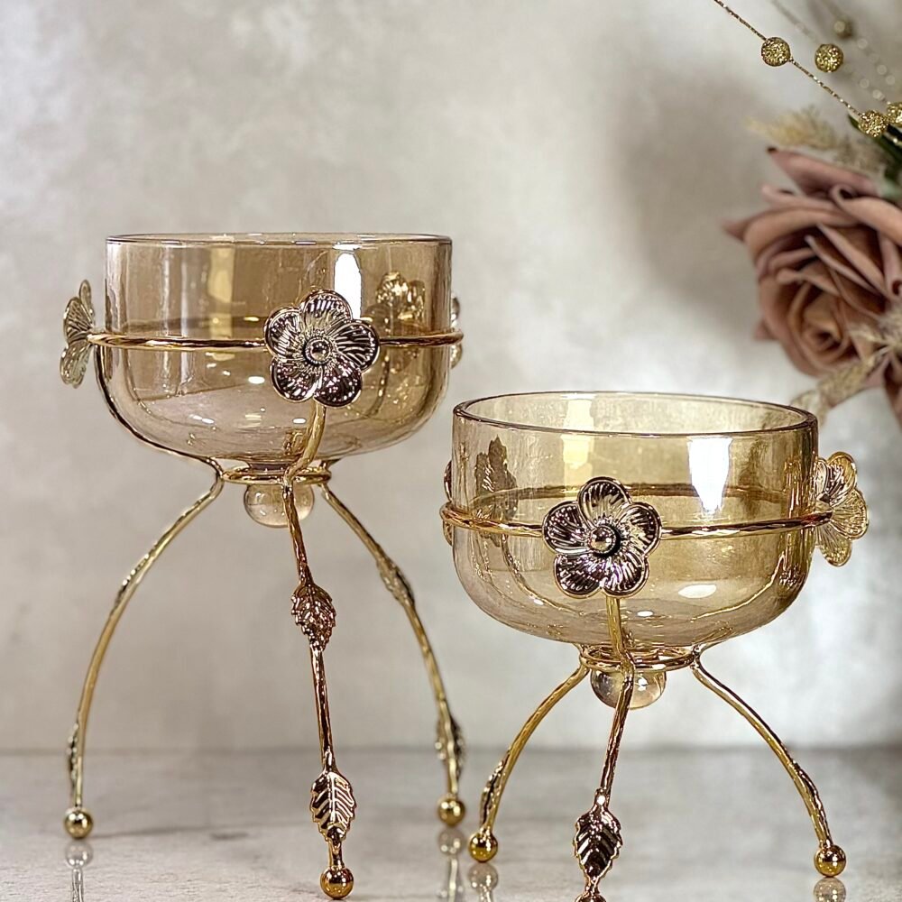 Ensemble de 2 Bols sur Supports Métalliques Dorés – Design Élégant à 3 Pieds pour Décoration ou Présentation