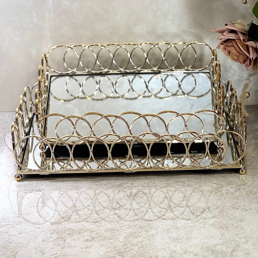 Ensemble de 2 Plateaux Rectangulaires en Miroir avec Décoration Anneaux Entrelacés – Design Chic et Fonctionnel