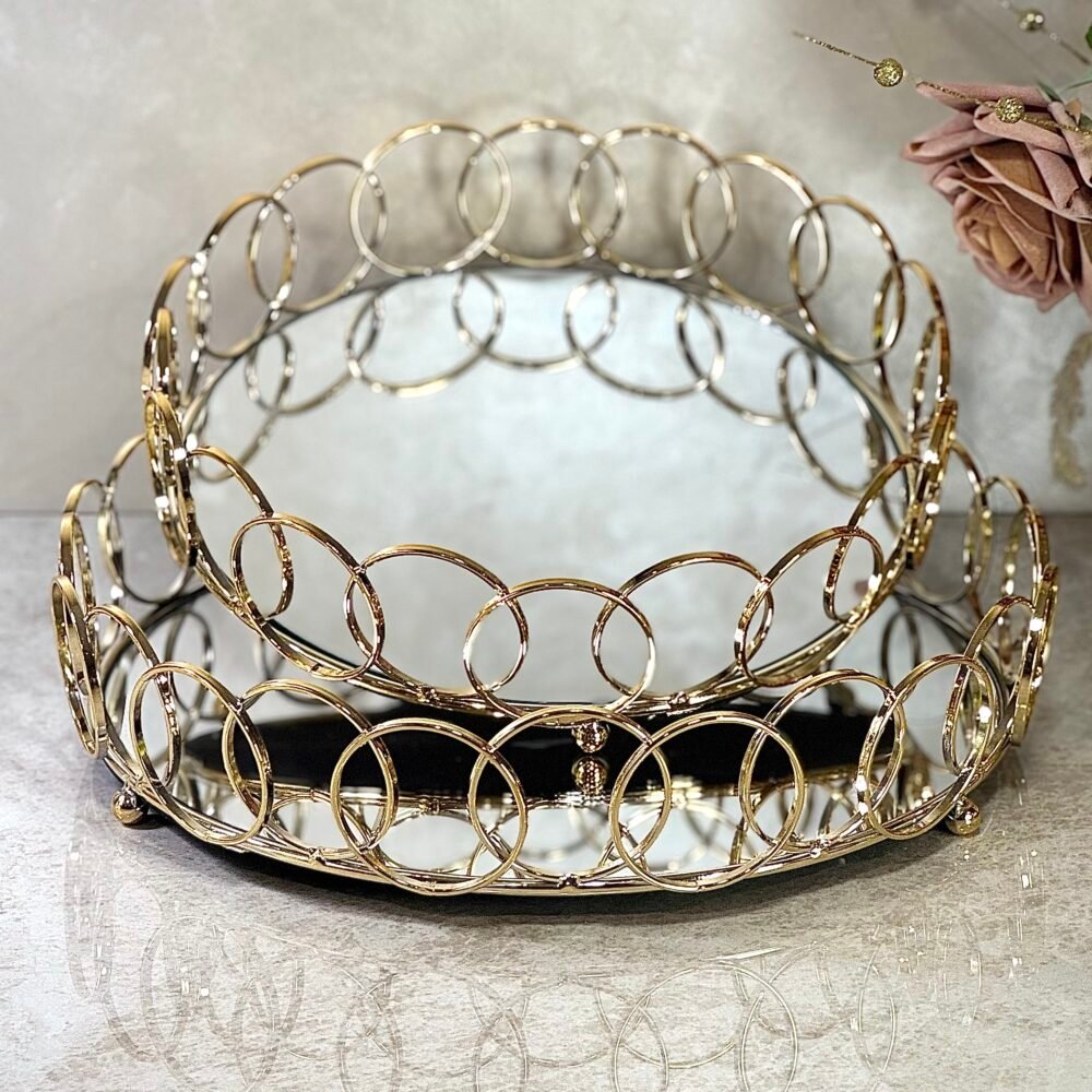 Ensemble de 2 Plateaux Ronds en Miroir avec Décoration Anneaux Entrelacés – Élégance Dorée pour Intérieur Moderne