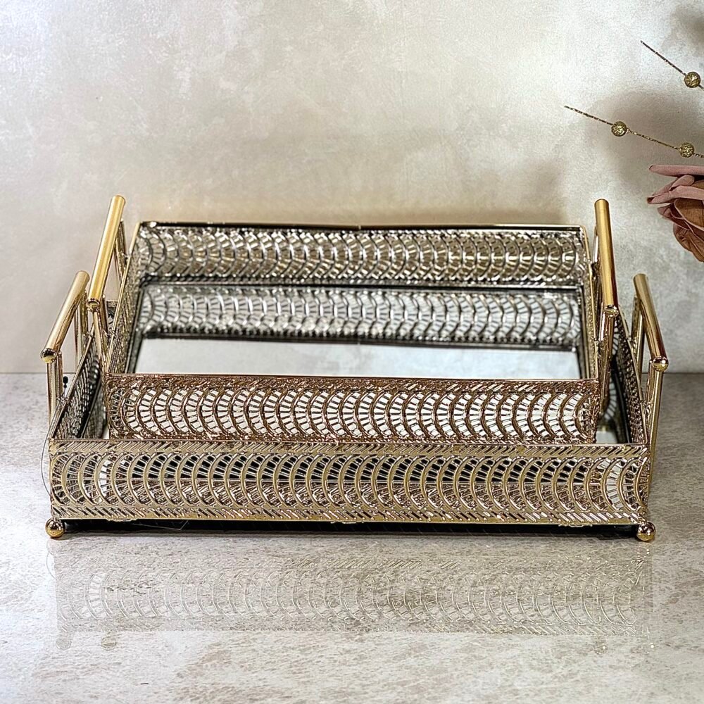 Ensemble de 2 Plateaux Rectangulaires en Miroir avec Poignées et Décoration en Arcs Dorés – Élégance Moderne et Raffinée