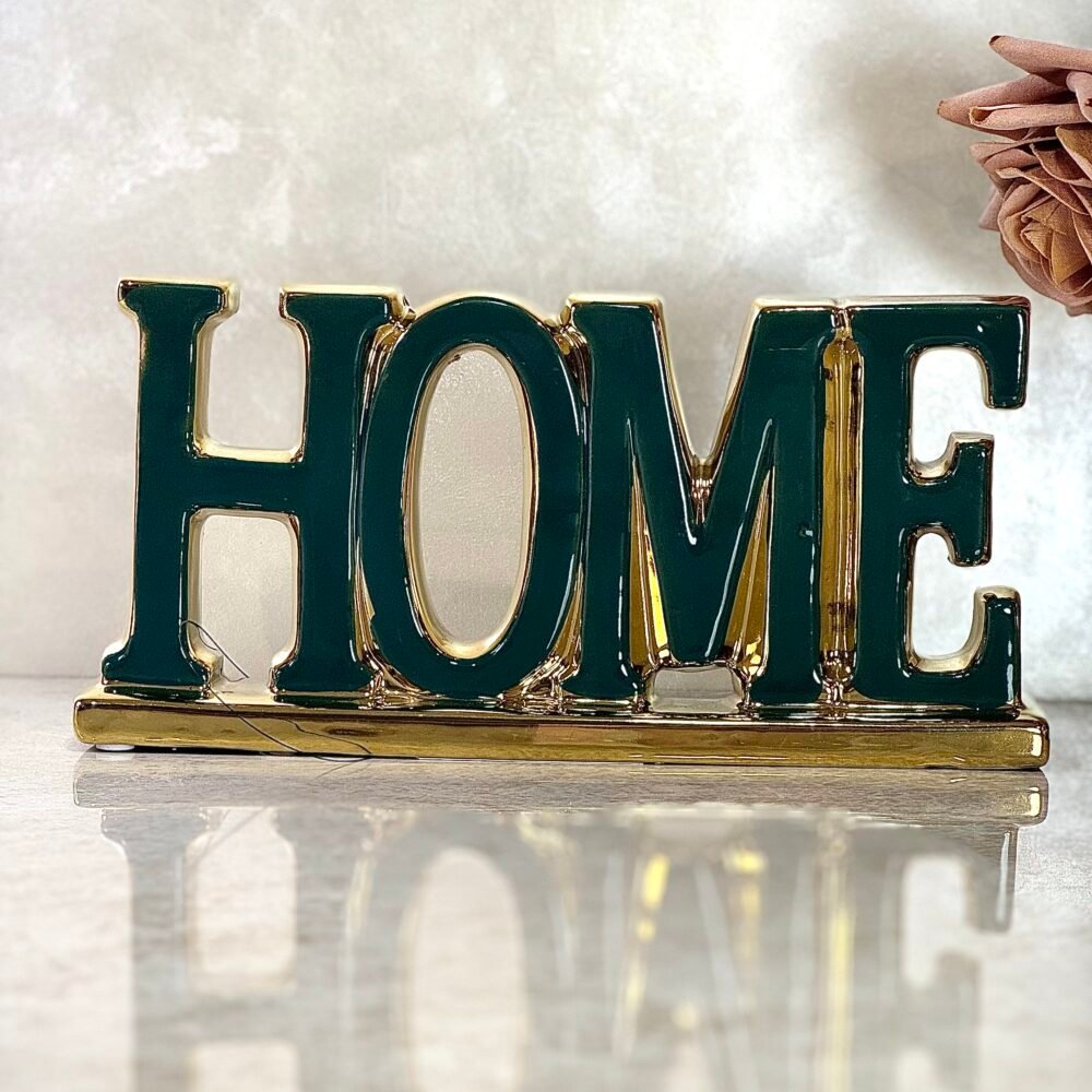 Décoration Céramique Verte et Dorée "HOME" – Élégance Moderne et Accueillante pour Intérieur