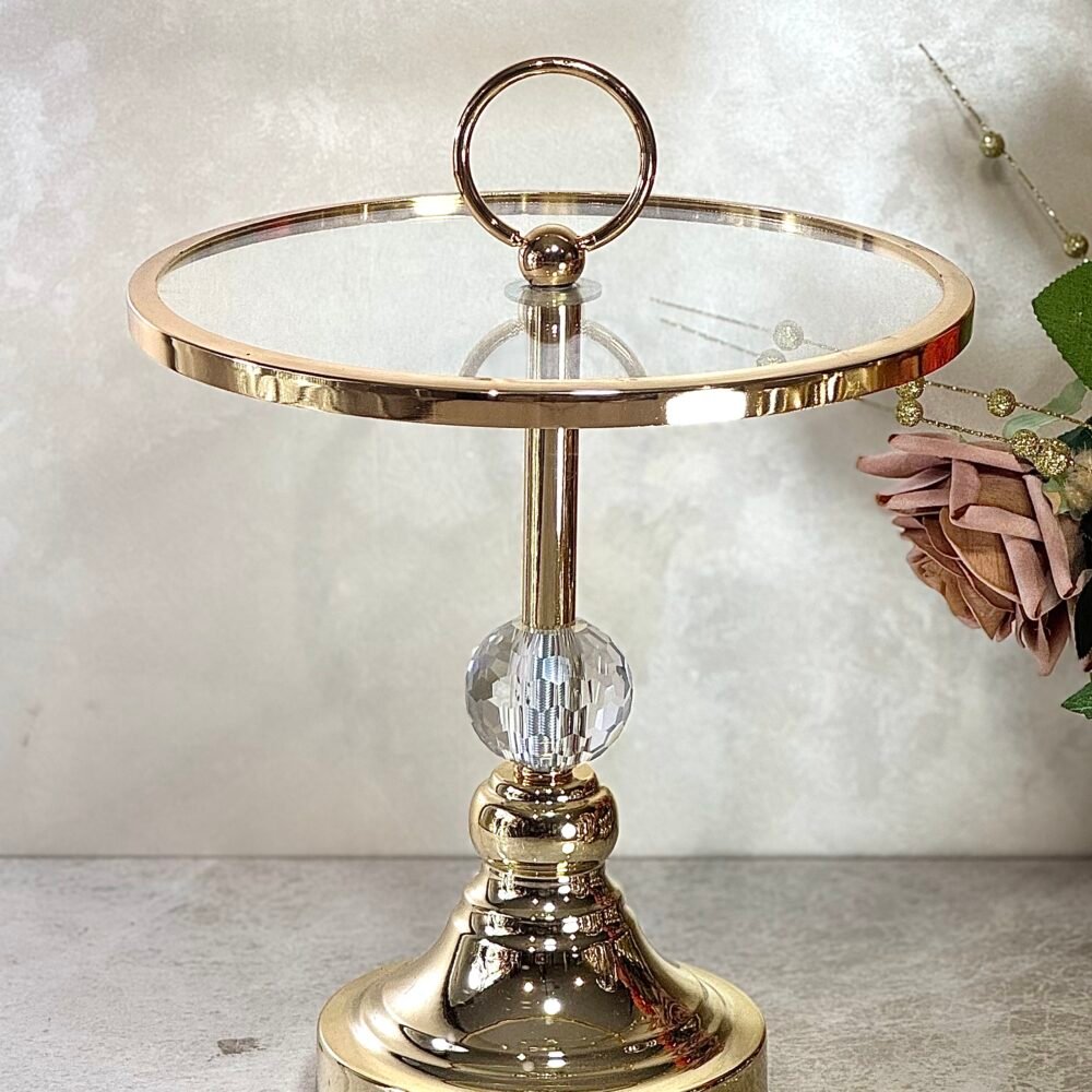 Présentoir élevé en Verre et Métal Doré – Élégance Moderne pour Décoration ou Service Raffiné