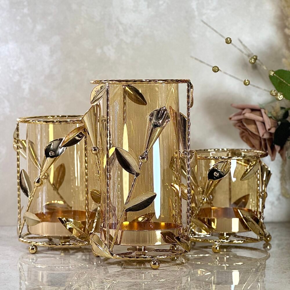 Ensemble de 3 Bougeoirs Larges en Verre et Métal Doré – Élégance Moderne pour Grandes Bougies