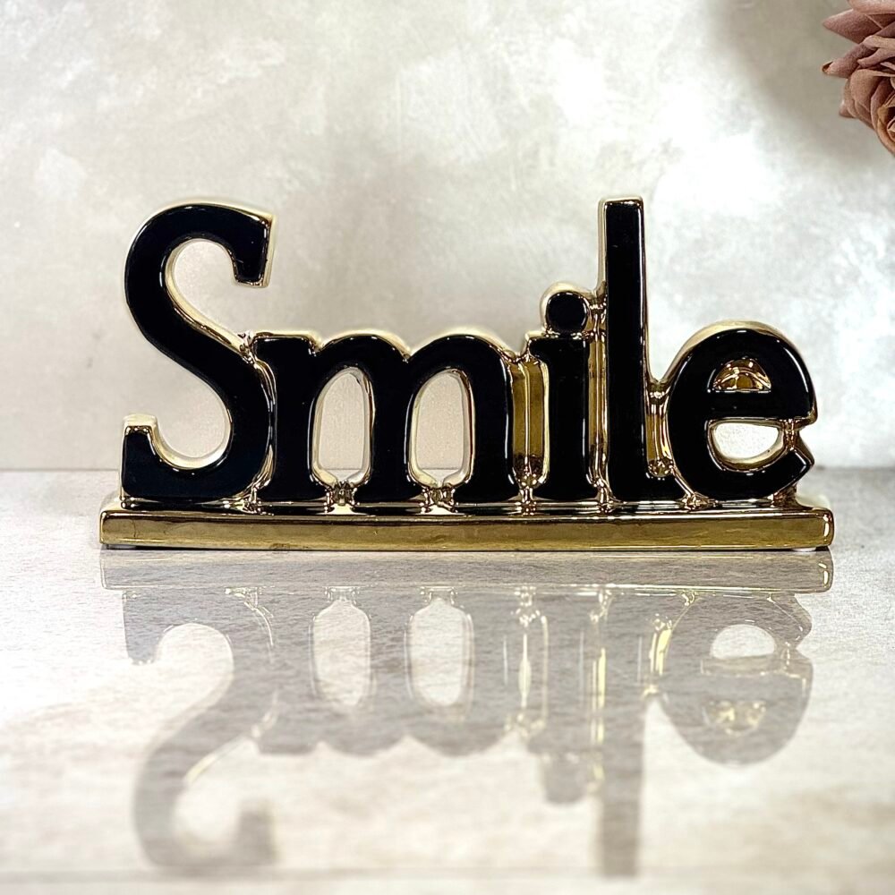 Décoration Céramique Noire et Dorée "Smile" – Élégance Moderne et Positive pour Intérieur