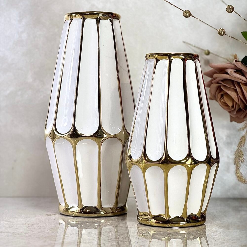 Ensemble de 2 Vases Cylindriques Blancs et Dorés – Élégance Moderne