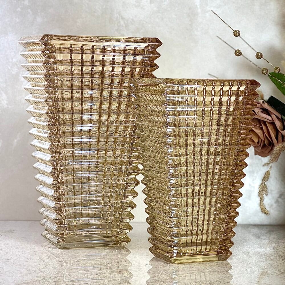 Ensemble de 2 Vases Rectangulaires Texturés en Verre Ambre – Grande Taille Élégante