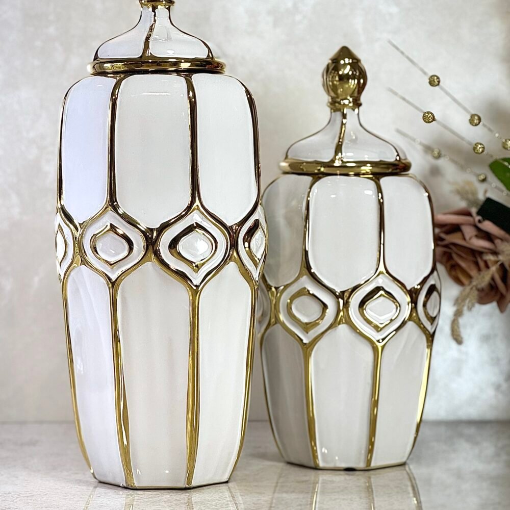 Ensemble de 2 Urnes Décoratives Cylindriques Blanches avec Lignes Dorées